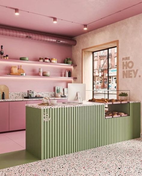 Green Kitchen Wallpaper, Instagram Coffee Shop, Bar Deco, Deco Pastel, Bakery Shop Design, Café Design, Bakery Interior, Bakery Design Interior, Retail Store Display