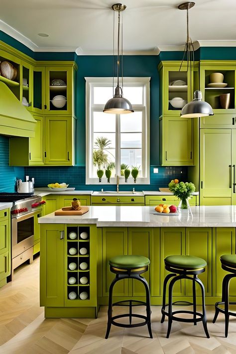 Bright Green Cabinets, Old World Kitchens, Teal Kitchen, Colorful Kitchen, Kitschy Kitchen, Green Cabinets, Yellow Walls, Kitchen Design Ideas, Kitchen Redo