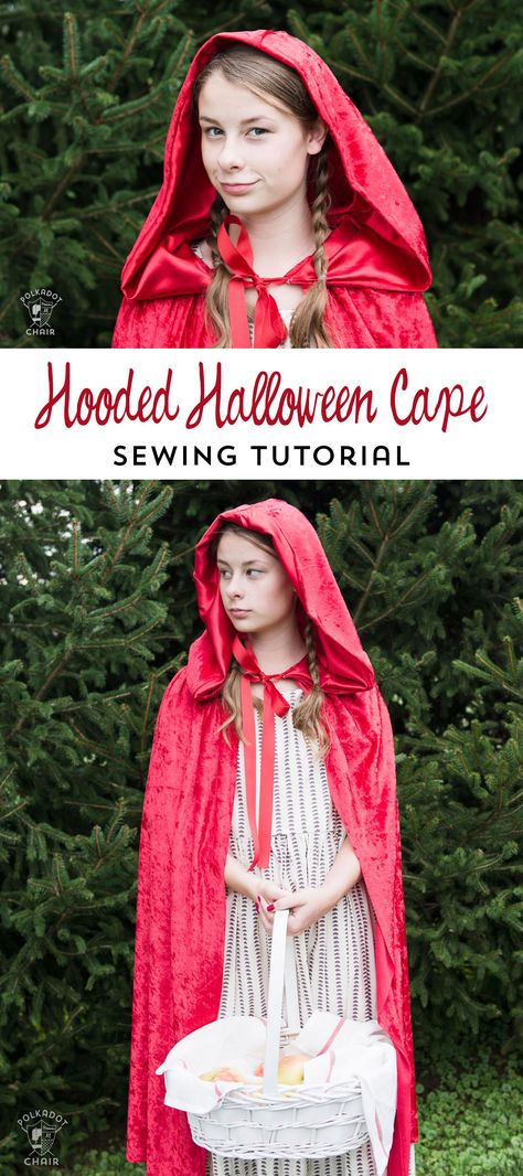 How to make a hooded cape for Halloween - tutorial teaches you how to resize it for kids or adults Sewing Classes For Beginners, Halloween Capes, Tote Bag Pattern Free, Cape Pattern, Capes For Kids, Crochet Kids, Sew Ins, Beginner Sewing, Hooded Cape