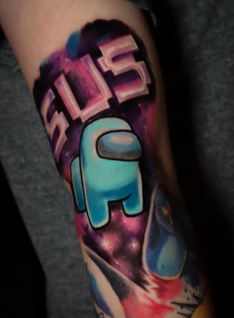 Cosmic space tattoo inspired by among us game. Cyan crewmate is sus! Tattoo full colour gap filler elbow area Among Us Tattoo, Us Tattoo, Among Us Game, Cosmic Space, Space Tattoo, Among Us, Full Colour, Tatting, Gap