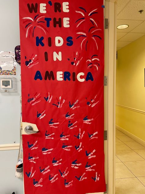 July Preschool Door Ideas, Usa Theme Classroom, 4th Of July Classroom Bulletin Boards, Red White And Blue Door Decorations, Memorial Day Door Decorations Classroom, America Classroom Theme, Fourth Of July Bulletin Board Preschool, Red White And Blue Bulletin Board Ideas, 4th Of July Boards For Classroom