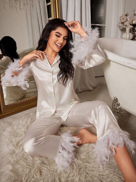 Women Fashion Feather Decorated Imitation Silk Sleepwear Set Pajama SetI discovered amazing products on SHEIN.com, come check them out! Women Nightwear Dresses, Satin Clothes, Sleepwear Women Pajamas, Pyjama Satin, Loungewear Outfits, Silk Sleepwear, Silky Dress, Pant Sets, Satin Pyjama Set