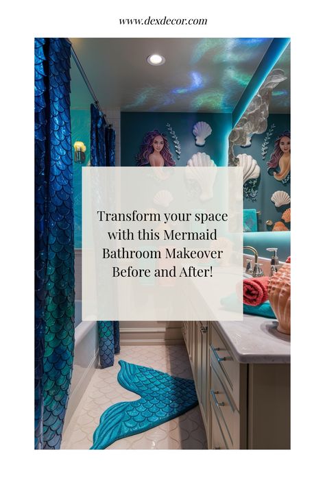 Mermaid-themed bathroom with oceanic decor, including a mermaid mural, seashells, and scale-patterned shower curtain. Vintage Mermaid Bathroom, Mermaid Tile Bathroom, Under The Sea Bathroom Ideas, Sea Bathroom Ideas, Mermaid Bathroom Ideas, Bathroom Ideas For Kids, Under The Sea Bathroom, Sea Bathroom, Mermaid Bathroom Decor