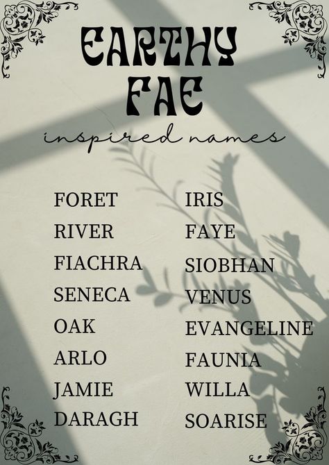 Air Inspired Names, Fae Last Names, Names That Mean Healer, Faerie Names, Names Of Aesthetics Styles, Elemental Names, Fae Names, Earthy Baby Names, Earthy Names