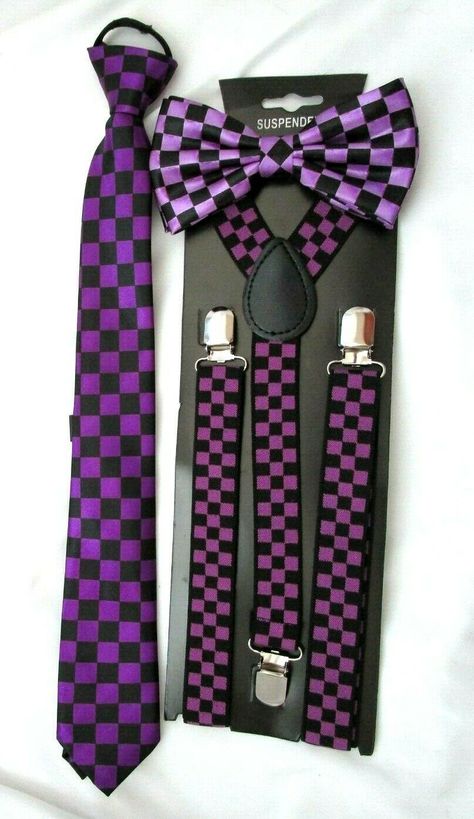 UNISEX FASHION SHINNY PURPLE AND BLACK CHECKERED TUXEDO ADJUSTABLE ALL POLYESTER SILK BOW TIE-NEW IN FACTORY BOX,11.5" PURPLE AND BLACK PRE-TIED ADJUSTABLE ZIPPER NECK TIE, AND 1" THREE ROW BLACK/PURPLE CHECKERS CHECKERED DIAMONDS ADJUSTABLE SUSPENDERS COMBO! PERFECT FOR HALLOWEEN! 100% brand new and high quality Unique Design Material: Polyester Silk Unisex for Men,Boys,Women,or Girls Adjustable Strap with Hook and Eye Fastener Workmanship: Superb Approximate Size:12cm x 6cm Approximate Maximum Funky Ties, Kid Core Outfits, Checkered Clothes, Zipper Neck, Fabulous Outfits, Purple Suits, Bowtie And Suspenders, Tie Bow Tie, Black Checkered