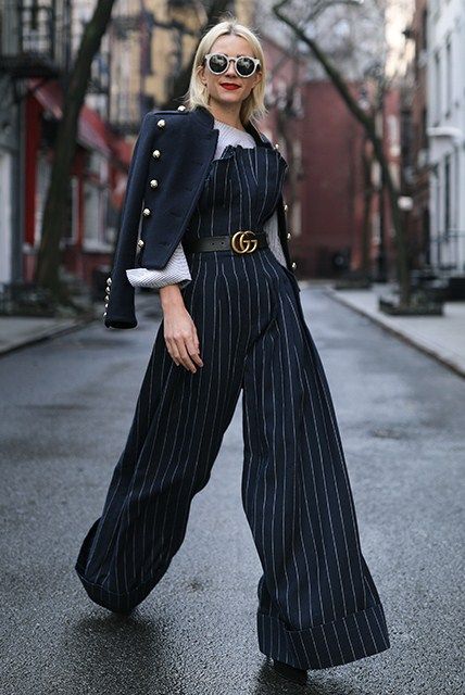 Pinstripe Jumpsuit Outfit, Strapless Jumpsuit With Shirt Underneath, Funky Formal Outfit, Pinstripe Outfit, Pinstripe Jumpsuit, Atlantic Pacific, Tie Waist Jumpsuit, Mode Chanel, Jumpsuit Men