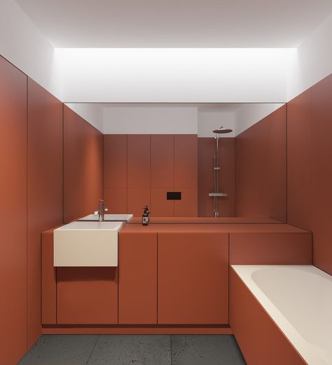 Apartment in Kiev by Emil Dervish and Iya Turabelidze Emil Dervish, Bathroom Joinery, Rust Bathroom, Modern Appartement, Orange Bathroom, Red Bathroom, Architecture Bathroom, Bathroom Red, Kiev Ukraine