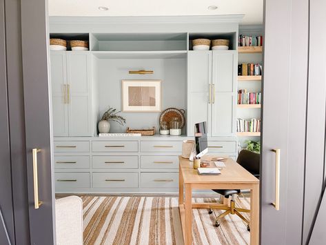 Mixing Greys And Creams, Home Office Cabinets Built Ins Diy, Craft Room Custom Cabinets, Studio Mcgee Murphy Bed, Built In Desk Wall, Basement Cabinets, Wall Renovation, Multipurpose Office, Bench Area