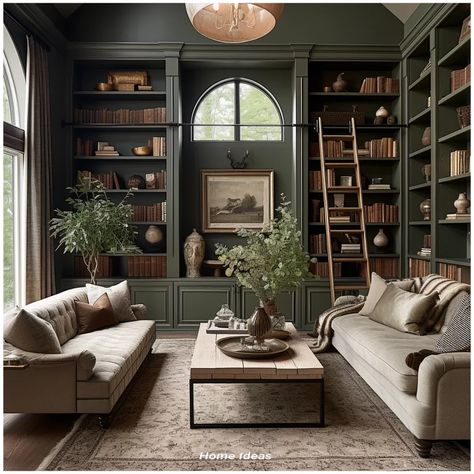 Moody Office Bookshelves, Modern Antique Interior, Library Office Paint Colors, Library In Room Ideas, Deep Green Library, All Green Library, Olive Green Built In Bookshelves, Green Room Library, Green Library Shelves