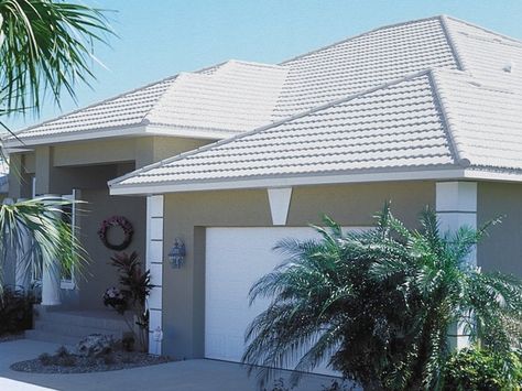 New white roof, to reflect the sun. Painted Roof Tiles, White Roof House, White Roof House Exterior Colors, Terrace White Dulux Paint, White Roof Tiles, White Stucco House With Clay Tile Roof, Tiled Roof Colours, Tile Roof House Exterior Colors, Glass Roof Tiles Natural Light