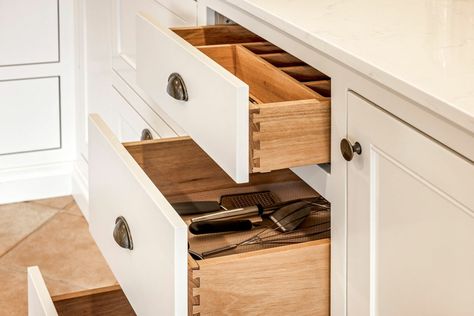 Solid Blackbutt dovetail drawer with custom built cutlery inserts. It is the finer details that draw me to this trade. Working with various hardwoods, like Tasmanian Oak, Blackbutt, Jarrah etc opens up the possibilities of your project and what you can achieve. #customcabinetry #Blackbuttkitchen #dulux #silvacabinetry Tasmanian Oak, Dovetail Drawers, Custom Cabinetry, Custom Build, Drawers, Building