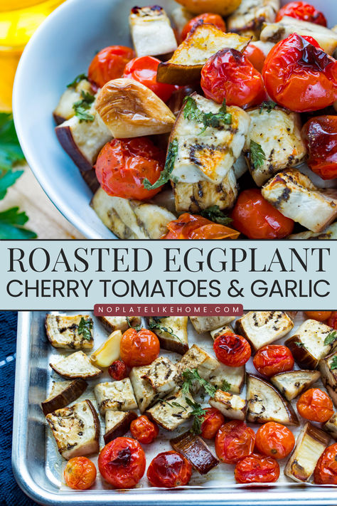 Looking or roasted eggplant and tomato recipes to use up your summer garden veggies? This roasted eggplant and cherry tomato recipe brings out the natural sweetness of the vegetables. This eggplant recipe is super easy to make and enjoy a variety of ways. It’s low a carb, gluten free, and Vegan easy recipe. Eggplant And Tomato Recipes, Italian Eggplant Recipes, Roasted Eggplant Recipes, Italian Eggplant, Eggplant Recipes Easy, Cherry Tomato Recipes, Garlic Recipe, Eggplant Recipe, Cherry Tomato Pasta