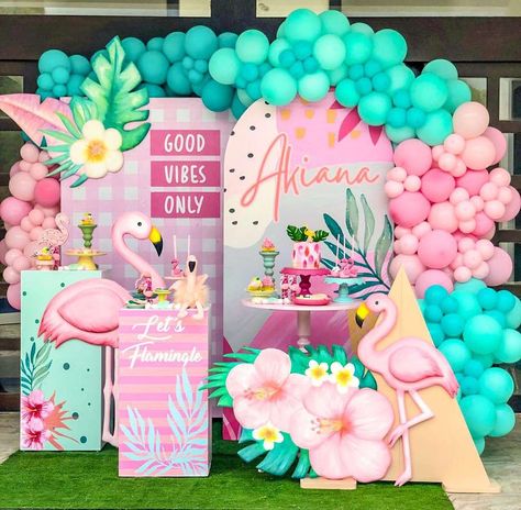 Flamingle Birthday Party | CatchMyParty.com Flamingo Themed First Birthday Party, Flamingo Birthday Party Cake, Flamingo Birthday Decorations, Flamingo Birthday Theme, Decoration With Balloons, Flamingo Party Decor, Flamingo Pool Parties, Flamingo Themed Party, Tropical Birthday Party