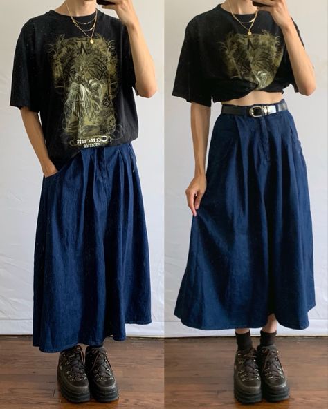 Mushroom Skirt Outfit, Witchcraft Outfits, Genderfluid Outfits, Enby Style, Non Binary Outfits, Enby Fashion, Androgynous Outfits, Thrift Inspo, Long Skirt Outfits