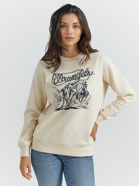 Women's Wrangler Crew Pullover | Women's TOPS | Wrangler® Cowboy Roping, Retro Crewneck, Men Workwear, Wrangler Women, Toddler Boots, Long Sleeve Kids, Loose Fit Jeans, Western Outfits, Kids Tops