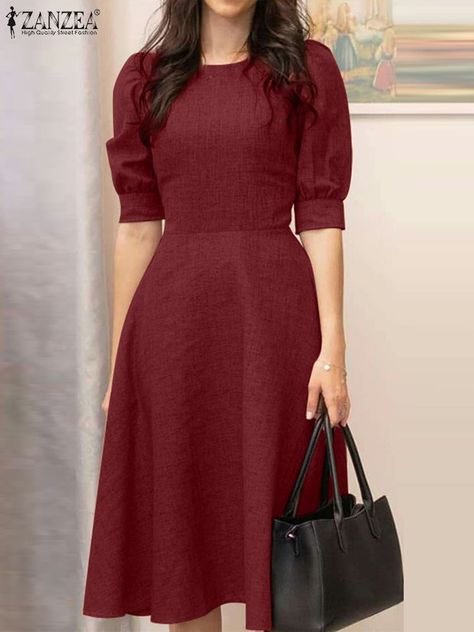 ZANZEA Elegant Women Office Work Dress Summer Half Sleeve Sundress Stylish Slim A-line Vestidos Beautiful Casual Dresses Simple, Elegant Lady Outfits, Neck Design For Dress, Work Dress Women, Summer Office Dress, Women's Half Sleeve, Sundress Women, Simple Dress Casual, Simple Frock Design