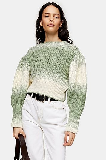 Ombre Balloon Sleeve Knitted Sweater International Fashion Designers, Ombre Sweater, Campaign Fashion, White Denim Jeans, Knitwear Fashion, Topshop Outfit, Knit Outfit, Knit Fashion, Knitted Jumper