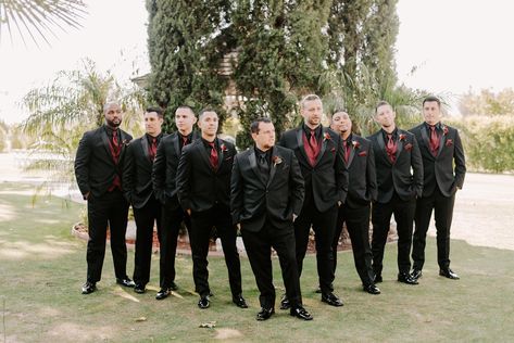 Black Bridesmaid Dresses With Maroon Flowers, All Black Suit With Burgundy Tie, Black Wedding Dress With Burgundy Bridesmaids, Black Tux With Burgundy Tie, Black And Red Groom Attire, Black And Burgundy Wedding With Sunflowers, Dark Burgundy And Black Wedding, Deep Red Groomsmen Attire, Cabernet Groomsmen Attire