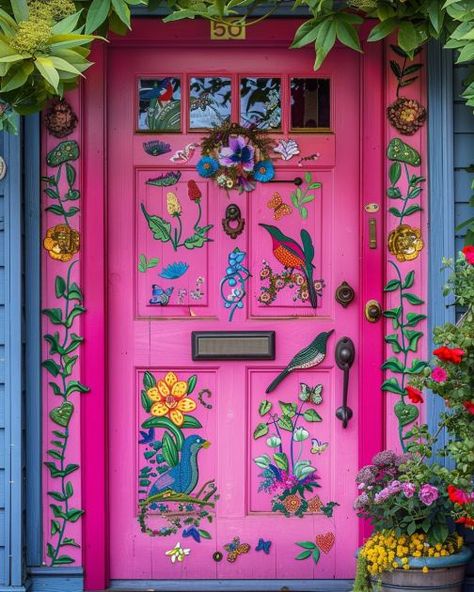 Lady has a faded front door but doesn't want to buy a new one. She comes up with these brilliant ideas instead Front Door Mural, Diy Front Door Makeover, Colorful Apartment Decor, Collage Cutouts, Unique Front Doors, Business Interior, Bedroom Makeovers, Painting House, Front Door Makeover