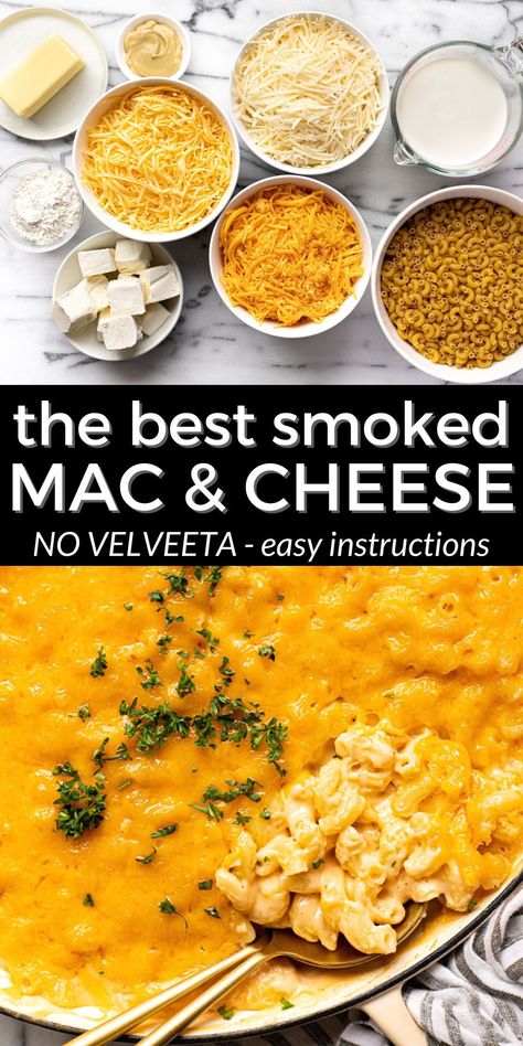 This simple smoked mac and cheese takes just minutes to throw together and then smokes on the grill for about an hour. It's made with real ingredients - which means NO VELVEETA - and has the most delicious smoky flavor. While other smoked mac and cheeses end up dry, this one ends up perfectly creamy even after an hour in the smoker! Easy Smoked Mac And Cheese Recipes, Simple Smoked Mac And Cheese, Mac And Cheese Smoker Recipe, Mac And Cheese Recipe For Smoker, Mac And Cheese Recipe Smoked, Smoked Mac And Cheese Recipes Traeger, Vegetarian Mac And Cheese, Smoked Mac N Cheese Recipe, Smoked Mac And Cheese