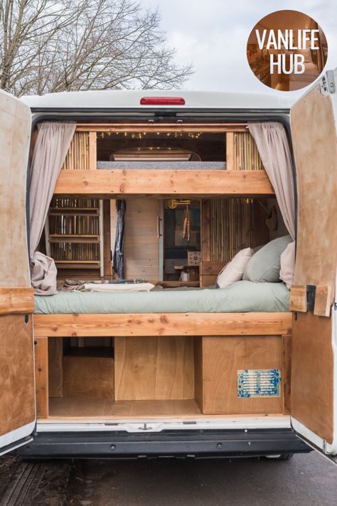 Rear of Citroen Relay campervan with doors open showing two wooden beds in bunkbed formation Twin Bed Van Conversion, Van Life Bed Ideas, Camper Van Beds, 2 Bed Camper Van, Van Conversion Twin Bed Layout, Bunk Bed Van Conversion, Campervan Interior Layout, Camper Van Bed Ideas, Campervan Bunk Beds