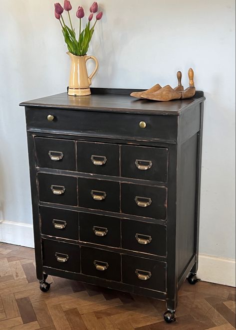 Faux Apothecary Chest painted in DB coffee bean. Real brass drawer pulls and antique castors Faux Apothecary Drawers, Manor Bedroom, Apothecary Drawers, Apothecary Chest, Black Painted Furniture, Card Catalog, Brass Drawer Pulls, Coffee Bean, Black Paint