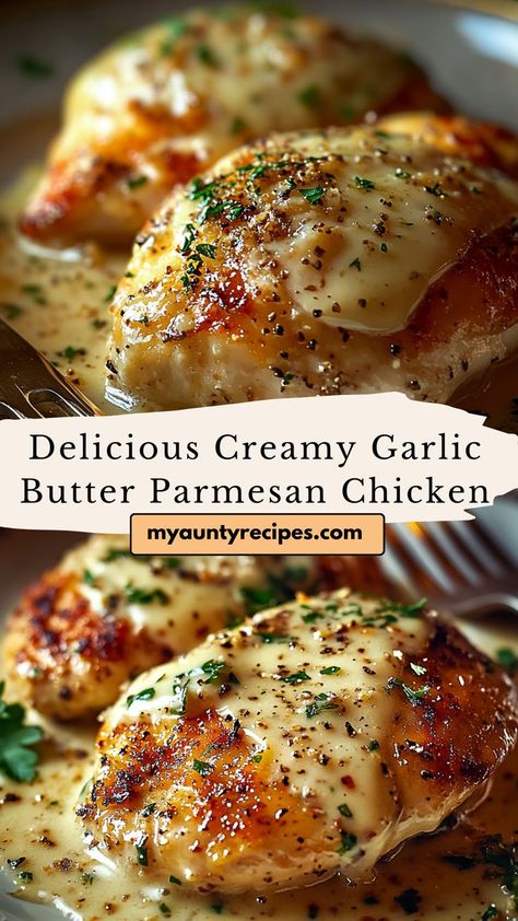 This Delicious Creamy Garlic Butter Parmesan Chicken Recipe is a rich and flavorful dish that’s perfect for any occasion. Tender chicken breasts are cooked in a creamy garlic butter sauce, with Parmesan cheese adding a deliciously savory flavor. Whether you serve it over pasta, mashed potatoes, or with a side of veggies, this dish is sure to become a family favorite. Creamy Garlic Butter Parmesan Chicken, Garlic Butter Parmesan Chicken, Butter Parmesan Chicken, Creamy Chicken Breast Recipes, Creamy Garlic Butter Sauce, Butter Sauce For Pasta, Garlic Chicken Pasta, Butter Chicken Sauce, Chicken Parmesan Pasta