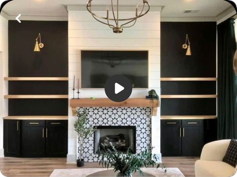 Floating Tv Cabinet With Fireplace, Faux Fireplace With Built Ins On Both Sides, Black Tile Fireplace With Built Ins, Black Fireplace With Cabinets, Cabinets And Fireplace, Shelving Fireplace Wall, Built In Fireplace And Tv Wall, Fireplace No Built Ins Living Rooms, Fireplace And Shelves Ideas