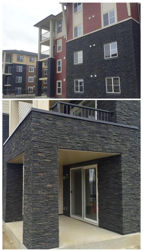 Grey Stone Tiles, House Skirting, Stacked Stone Panels, Edges Easy, Faux Stone Panels, Garage Roof, Stone Wall Cladding, Front Elevation Designs, Traditional Contemporary