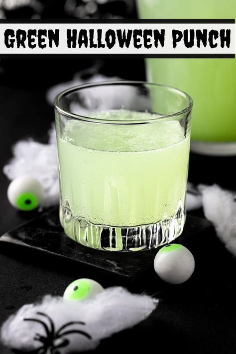 Green Non Alcoholic Punch Recipes, Green Halloween Punch For Kids, Easy Halloween Batch Cocktails, Adult Halloween Drinks Punch, Large Batch Party Cocktails Halloween, Halloween Punch Ideas Non Alcoholic, Green Batch Cocktail, Green Alcoholic Punch, Green Punch Recipes Non Alcoholic