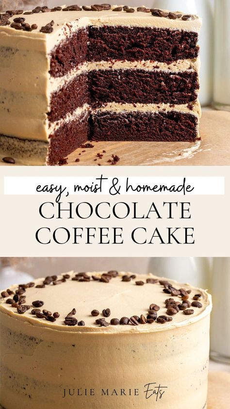 Make the perfect moist chocolate layer cake with coffee buttercream icing with this homemade cake recipe. Follow Julie Marie Eats for easy dessert ideas and baking recipes for a crowd. Mocha Layer Cake With Rum Cream Filling, Cake Bake Recipes, Chocolate Coffee Sheet Cake, Chocolate Cake 2 Layer, Homemade Chocolate Cake With Coffee, Most Moist Chocolate Cake, Cakes With Coffee In Them, Easy Recipes To Bake Desserts, Birthday Cake Chocolate Frosting