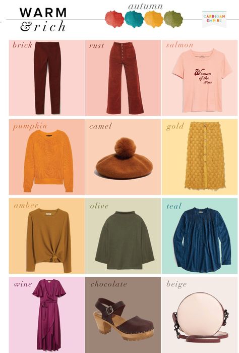 What to Wear – Autumn Capsule Wardrobe, Seasonal Color Analysis Autumn Color Type Outfit, Color Analysis Autumn Outfit, True Autumn Outfits For Spring, Autumn Color Capsule Wardrobe, Autumn Palette Capsule Wardrobe, Autumn Colour Palette Clothes Outfit, Autumn Color Fashion, Outfits For Deep Autumn, Warm Autumn Outfits Capsule Wardrobe