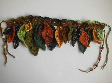 Earthy Crochet, Crochet Belts, Crocheted Leaves, Leaf Belt, Coat Inspiration, Felt Making, Festival Crochet, Fairy Costumes, Crochet Pocket