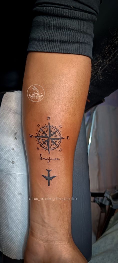 Compass Tattoo with plane Compass Tattoo With Plane, Compass And Airplane Tattoo, Compass Plane Tattoo, Airplane Compass Tattoo, Plane Tattoo Men, Plane Tattoo Ideas, Aviation Tattoos For Men, Aviation Tattoo Pilots, Pilot Tattoos