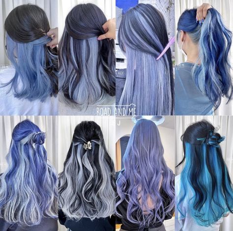 Black And Periwinkle Hair, Dark Hair Color Ideas For Brunettes, Blue Peekaboo Hair, Hair Trends For 2023, Hair Color Names, Hair Color Swatches, Pretty Hair Cuts, Hidden Hair Color, Blue Ombre Hair