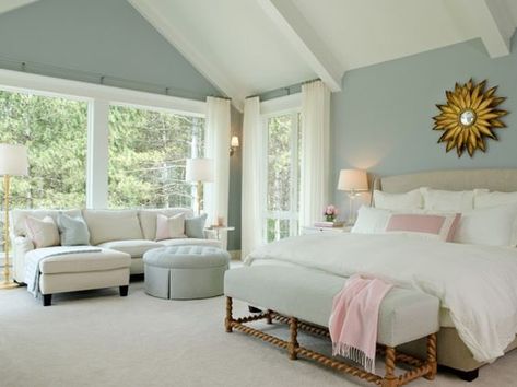 Duck Egg Blue And Pink Bedroom, Duck Egg Bedroom, Duck Egg Living Room, Duck Egg Blue Bedroom, Pale Blue Bedrooms, Blue Green Bedrooms, Blue And Pink Bedroom, Light Blue Bedroom, Bria Hammel Interiors