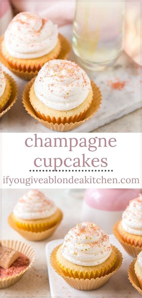 Looking for a celebratory dessert? These champagne cupcakes are perfect for New Year's Eve, graduation parties, birthdays and more! Homemade Champagne, Moscato Cupcakes, Champagne Cupcake Recipes, Thing To Bake, Low Calorie Recipes Snacks, Pink Champagne Cupcakes, Cocktail Cupcakes, Boozy Cupcakes, Champagne Cupcakes