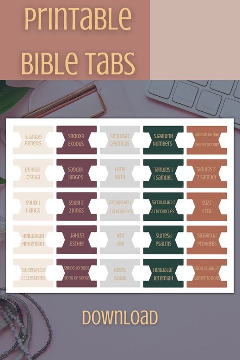 Printable Bible divider tabs are an easy DIY and make a great addition to your bible. They help you keep tabs on where all the books are and divide it up in an easy way to navigate. Download these Jewel toned bible tabs to put into your bible. CLICK TO DOWNLOAD NOW or BROSWE MORE STYLES! #bibletabs #printable #bible #biblestudy #Biblereading #women Tabs For Prayer Bible, Printable Bible Tabs Template, Diy Bible Tabs Ideas Free Printable, How To Make Bible Tabs Diy, Diy Bible Tabs Ideas, Bible Tabs Diy Free Printable, Bible Stickers Printable, Bible Tabs Diy, Bible Tabs Printable