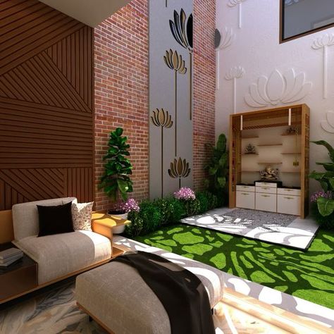 Double height , open to sky mandir Double Height Mandir Design, Mandir Living Room, Double Height Pooja Room, Double Height Wall Panelling, Open Pooja Room, Double Height Living Room Wall Design, Double Height Living Room Design, Double Height Wall Design Modern, Double Height Courtyard