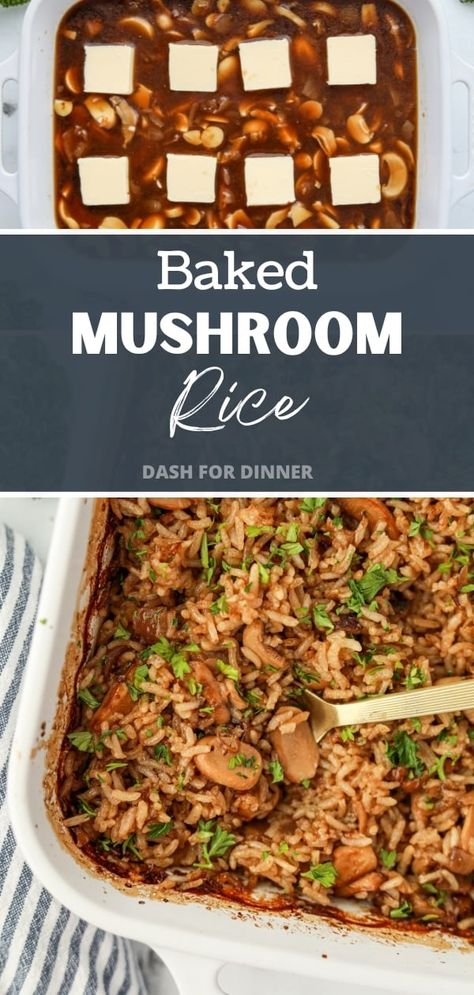 Whether you're looking for rice recipes for dinner or a potluck, this Baked Mushroom Rice (AKA Church Lady Rice) is the perfect solution! Made with just 5 simple ingredients, this flavorful rice is EASY to make. Everything is mixed (and BAKED) in one dish, and there is no stirring necessary. Just pop the rice casserole into the oven, and once it's done you'll have fluffy, perfectly cooked (and seasoned) rice. Rice Mushroom Casserole Recipes, Rice And Mushrooms Side Dish, Mushroom Rice Bake, Grits Dishes, Baked Mushroom Rice, Mushroom Rice Casserole, Rice Casserole Dishes, Quick Rice Recipes, Rice With Mushrooms