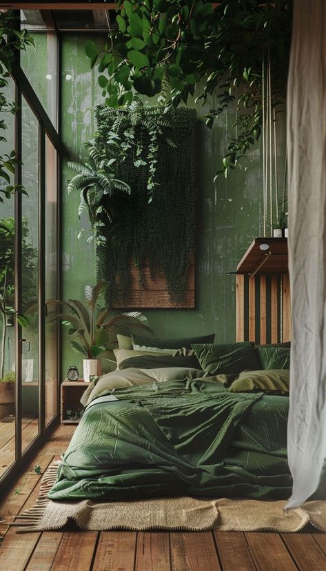 chambre vert sauge et bois #an #into #Embracing #Eclectic #DecorTips #Charm #Eclectic #HomeStyle #Your #Oasis #Transforming #Apartment #Outdoor #Kitchens Green And Wood Bedroom, Jungle Bedroom Ideas For Adults, Green Bedding Bedroom, Urban Room Decor, Oasis Room, Bedroom Nature, Urban Rooms, Jungle Bedroom, Jungle Room