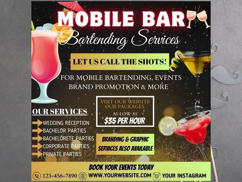 MOBILE BARTENDING FLYER TEMPLATE Buy today Edit today, Use TODAY!  This template is not only easy to use but also editable that way you can add on to it! Easily customize this printable Mobile Bartending flyer template with your information and branding in Canva, and print it yourself at home or have it professionally printed. No software or experience needed. Canva is completely FREE and easy to use! 🔳 PLEASE NOTE, THIS IS A INSTANT DOWNLOAD DIGITAL FILE - no physical item will be shipped! ♕THIS PURCHASE INCLUDES♕ ♥ 1 Canva template 1080x1080 px ♥ 1 PDF file with a link to edit this template in Canva ♥ Lifetime Access to the template! ⚠️ No source files are included, this template is to be edited on Canva only. ⭐️ HOW IT WORKS: 1. Purchase the listing 2. Download the PDF containing link Bartender Setup For Party, Event Bartending, Bartending Business, Mobile Bartender, Mobile Bartending, Bar Mobile, Bartender Drinks, Mobile Bar, Event Rental