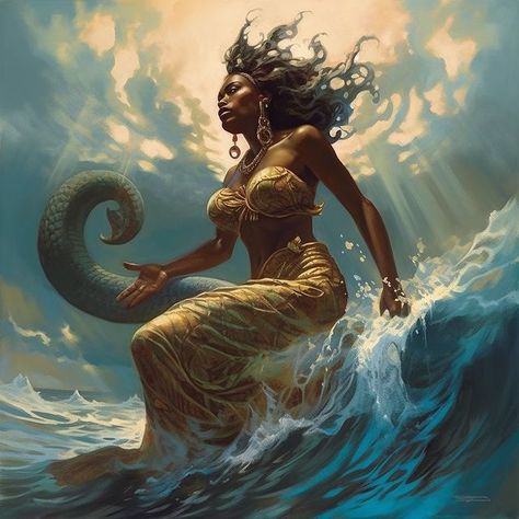 African Mythology Art, Mami Wata Art, Mami Wata Aesthetic, Mami Wata Tattoo, Mami Wata Goddesses, Water Spirit Art, Water Goddess Aesthetic, Water Goddess Art, African Goddesses