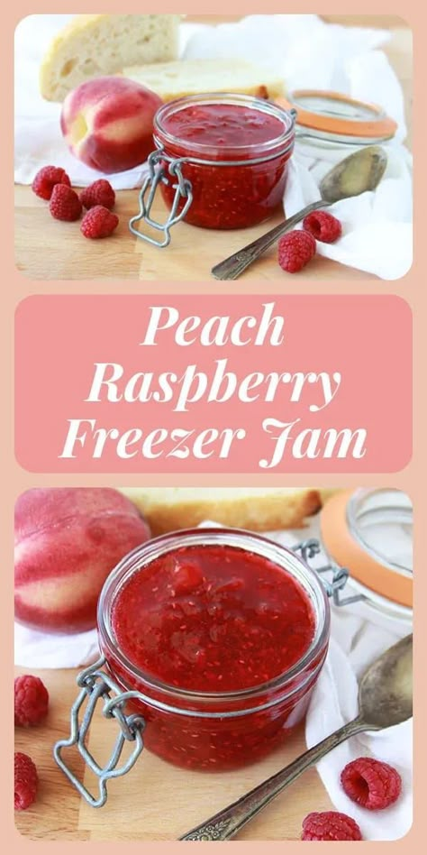 Peach Raspberry Freezer Jam, Peach Raspberry Jam, Peach Freezer Jam Recipe, Raspberry Freezer Jam Recipe, Raspberry Peach Jam, Peach Stuff, Freezer Jams, Preserve Fruit, Raspberry Picking