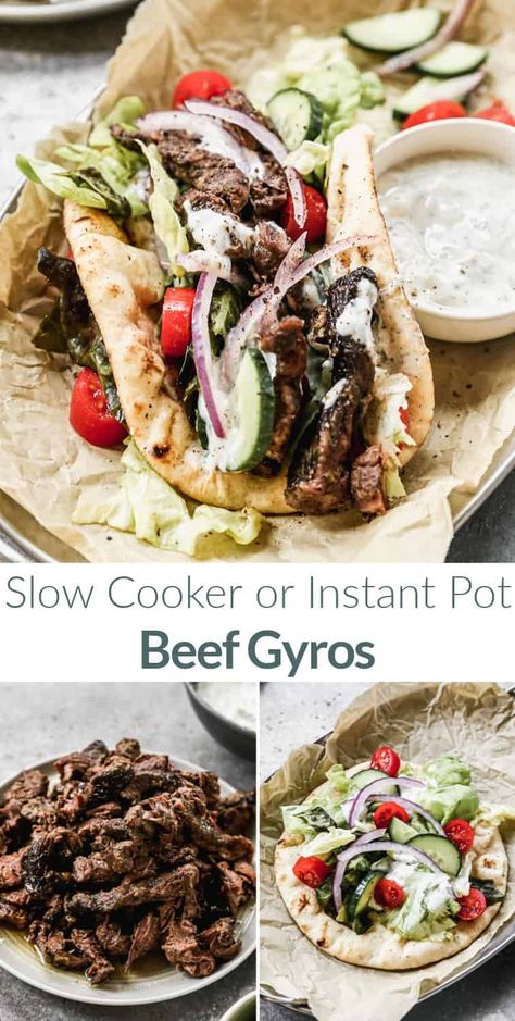 Instant Pot Gyros Beef, Slow Cooker Gyros Beef, Greek Recipes Instant Pot, Roast Beef Gyro Recipe, Fresh Beef Recipes, Crockpot Gyros Beef, Instant Pot Chicken Gyros, Roast Beef Gyros, Pot Roast Gyros