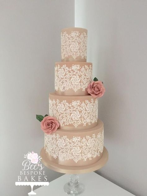 This cake is made using a mix of Sugarflair colours to achieve the nude shade, then decorated with Crystal Candy cake lace “Paradise”, in ivory, trimmed with champagne gold ribbons and finished with hand made sugar roses in an antique pink, with a... Vintage Wedding Cake Designs Lace Detail, Lace Cake Designs, Nude Wedding Cake, Lace Wedding Cakes, Wedding Cake With Lace, Wedding Cake Lace, Rustic Birthday Cake, Lace Cakes, Lace Cake