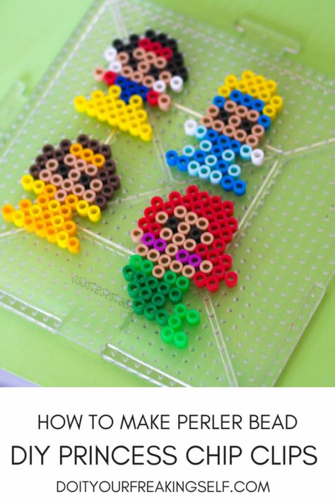 How to make Perler Bead Princess DIY Chip Clips Perler Bead Princess, Hamma Beads Ideas, Easy Perler Bead Patterns, Pokemon Perler Beads, Melty Bead Patterns, Chip Clips, Perler Ideas, Easy Perler Beads Ideas, Princess Diy