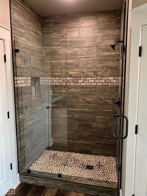 Dark Tile Shower Ideas, Brown Shower Tile, Rustic Shower Tile, Rustic Shower Ideas, Ranch Bathroom, Barndo Ideas, Brown Shower, Coral House, Western Bathroom