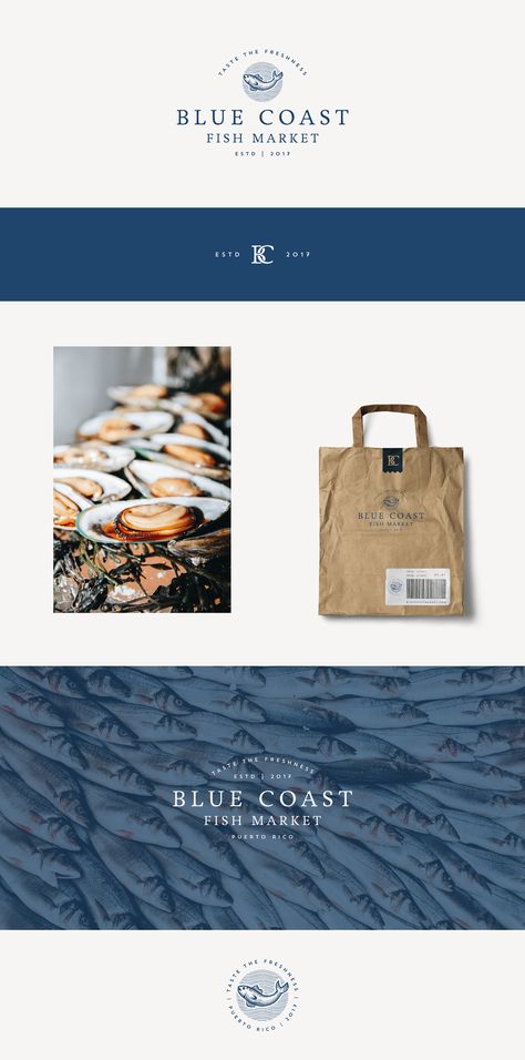 Blue Coast Fish Market on Behance Restaurant Branding Identity, Seafood Shop, Restaurant Identity, Pearl Logo, Seafood Market, Fish Logo, Visual Identity Design, Fish Market, Branding Logo Design