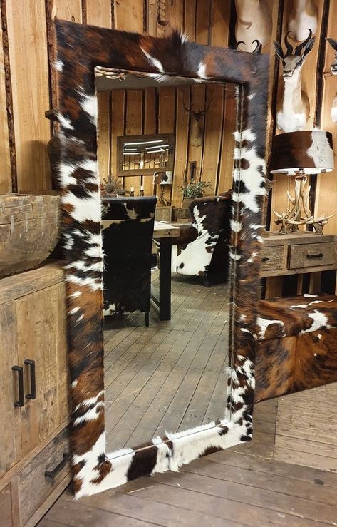 Cow Inspired Bathroom, Cowboy Boot Mirror Frame, Rustic Mirror Bedroom, Western Bedroom Mirror, Cow Theme Home Decor, Cow Hide Mirror Frame, Cow Print Mirror Frame Diy, Western Body Mirror, Cowhide Mirror Frame